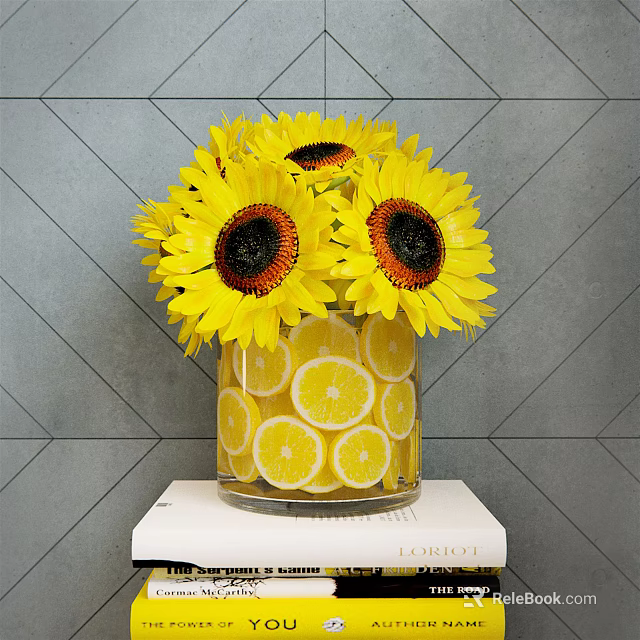 Yellow Sunflowers in Transparent Vase with Lemon Slices against Gray Diamond Wall 3d model 