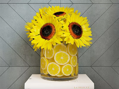 Yellow Sunflowers in Transparent Vase with Lemon Slices against Gray Diamond Wall 3d model