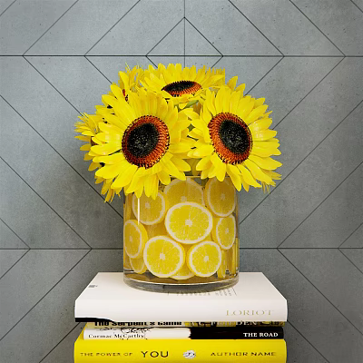 Yellow Sunflowers in Transparent Vase with Lemon Slices against Gray Diamond Wall 3d model
