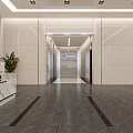 Modern Front Desk Reception Lobby With Glass Doors Marble Flooring Display Screen And Green Plants