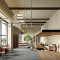 Modern Café Interior With Wooden Accents Large Windows Green Plant And Comfortable Seating