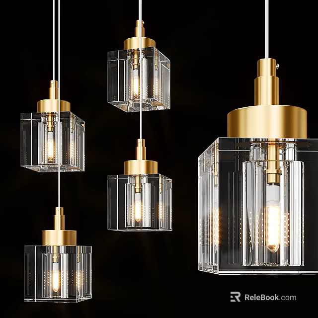 Modern Hanging Transparent Glass Pendant Lights With Golden Metal Square Frames 3d model 
