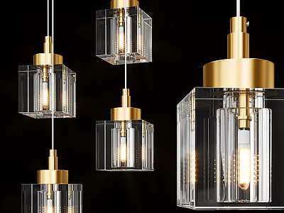 Modern Hanging Transparent Glass Pendant Lights With Golden Metal Square Frames 3d model