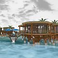Hotel Building on Wooden Stilts Over Water with Palm Trees Blue Umbrellas and Jet Ski