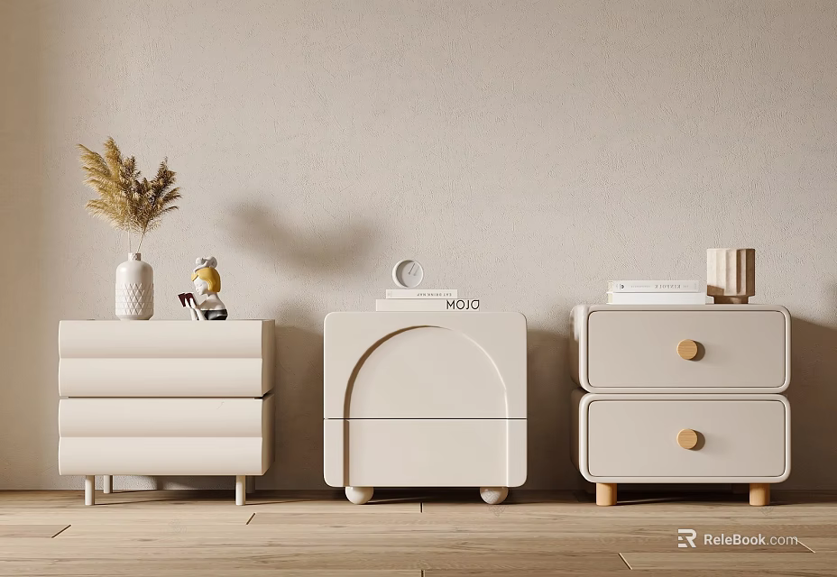 Modern Light Colored Bedside Tables with Decorative Vases Books and Minimalist Design 3d model 