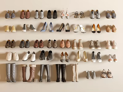 Diverse Fashionable Shoes Display Featuring Boots Sneakers Heels And Sandals In Multiple Colors 3d model