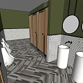 Public Restroom With Green Walls Wooden Stalls Geometric Pattern Flooring White Sinks And Round Mirrors