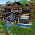 Traditional Chinese Wooden Architecture With Pagoda Roof Multi Story Design Large Windows And Waterfall
