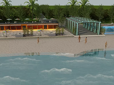 Garden Landscape Featuring Glass Pavilion Sand Beach Waterfall Trees and People Along Water Area 3d model