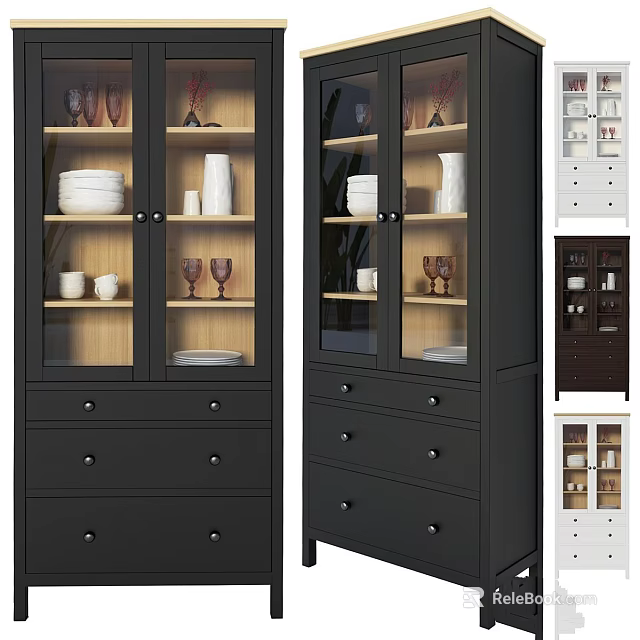 Modern Display Cabinet With Glass Doors Drawers Holding Plates Cups And Vases 3d model 