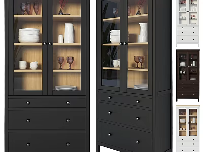 Modern Display Cabinet With Glass Doors Drawers Holding Plates Cups And Vases 3d model