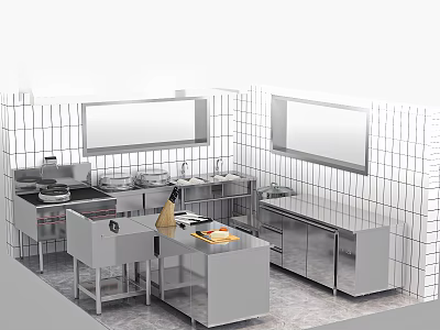 Commercial Kitchen Interior With Stainless Steel Workstations Cabinets And White Tiled Walls 3d model