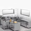 Commercial Kitchen Interior With Stainless Steel Workstations Cabinets And White Tiled Walls