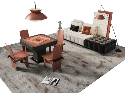 Modern Entertainment Table With Wooden Chairs And Sofa In Living Area 3d model