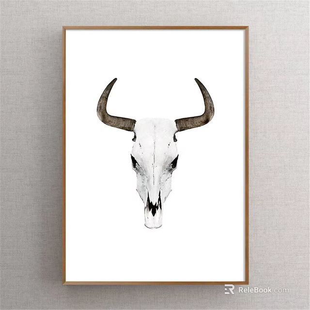 Minimalist Animal Painting Featuring Bull Skull In Wooden Frame With White Background 3d model 
