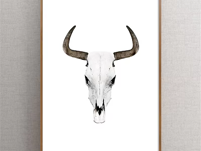 Minimalist Animal Painting Featuring Bull Skull In Wooden Frame With White Background 3d model