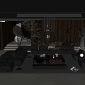 Modern Living Room Interior With Black Sofa And Coffee Table Set Fireplace And Floor Lamp