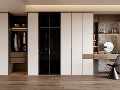 Modern Open Wardrobe Design With Glass Doors Wooden Cabinets And Dressing Table 3d model