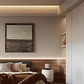 Modern Bedroom Interior With Wooden Headboard Artwork And Floor Lamp