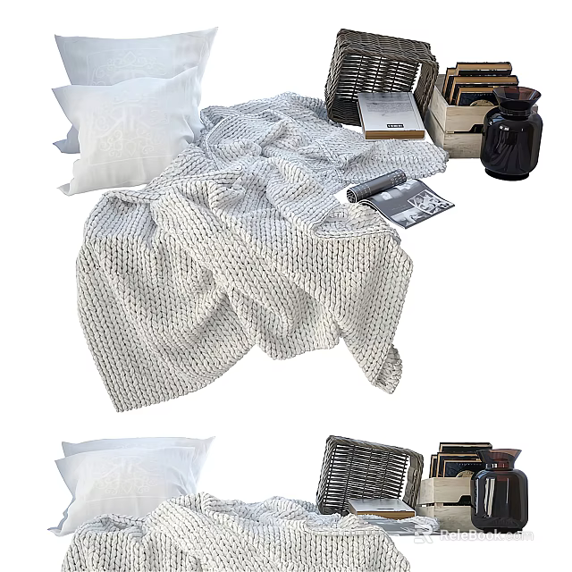 Elegant Decorative Ornament Set with Knitted Blanket White Pillows Woven Baskets Books and Ceramic Vase 3d model 