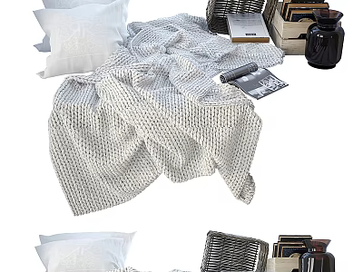 Elegant Decorative Ornament Set with Knitted Blanket White Pillows Woven Baskets Books and Ceramic Vase 3d model