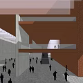 Modern Cultural Center With Red Facade Plaza People Trees And Pool