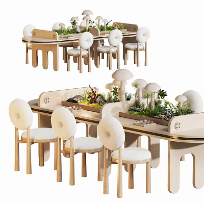 Modern Table And Chair Set With Round Padded Seats And Decorative Plants 3d model