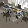 Modern Dining Table Set With Marble Tabletop Chairs Fruits Green Plant And Books