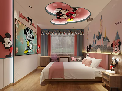Disney Themed Hotel Guest Room With Minnie Mickey Decor Pink Ceiling And Castle Wall Art 3d model