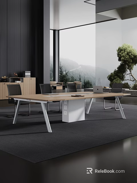 Modern Conference Table In Office With Wooden Top Metal Legs Black Chairs And Mountain View 3d model 