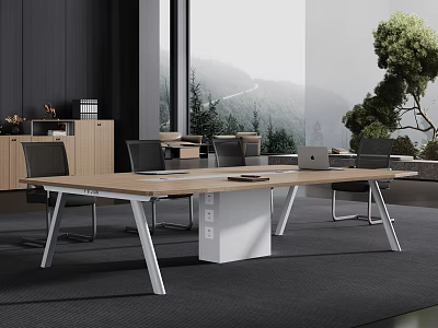 Modern Conference Table In Office With Wooden Top Metal Legs Black Chairs And Mountain View 3d model