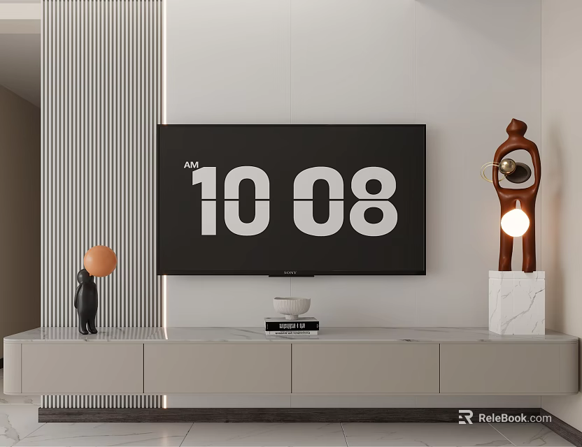 Modern Living Room With Large TV Screen White TV Stand Decorative Sculpture And Orange Decor 3d model 