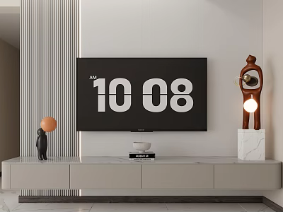 Modern Living Room With Large TV Screen White TV Stand Decorative Sculpture And Orange Decor 3d model
