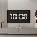 Modern Living Room With Large TV Screen White TV Stand Decorative Sculpture And Orange Decor