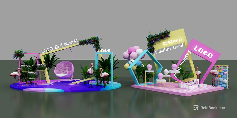 2020 Winter Beauty Festival Fashion Trend Setup Featuring Flamingo Balloons Swing And Greenery 3d model 