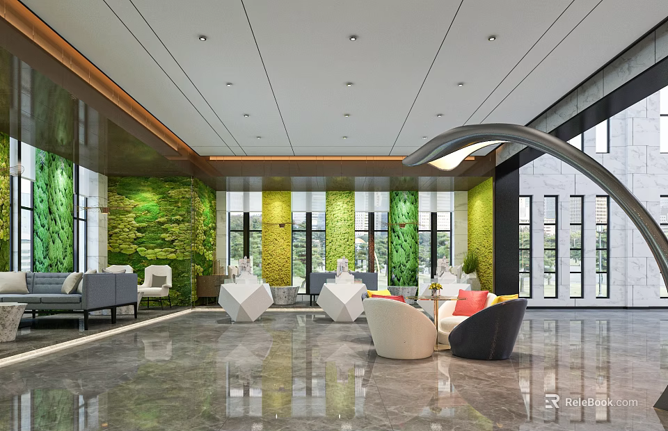 Modern Lounge Area With Green Plant Walls Sofas And Marble Flooring 3d model