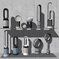 Modern Daily Electrical Appliances with Bladeless Fans in Various Styles Displayed on Shelves