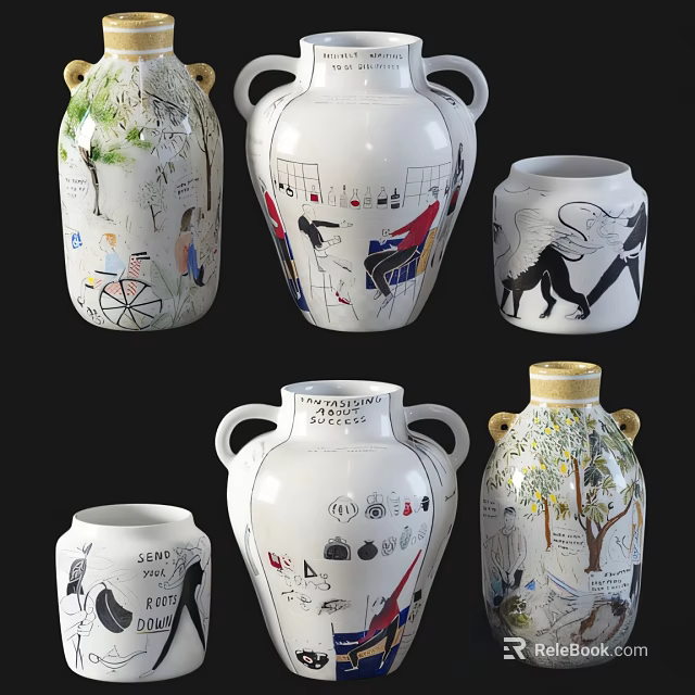 Artistic Ceramic Vessels with Hand Painted Designs and Diverse Themes for Home Decoration 3d model 