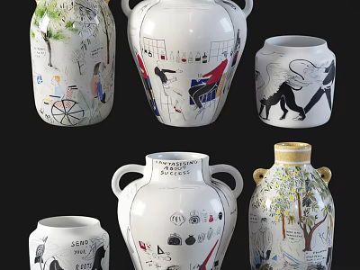 Artistic Ceramic Vessels with Hand Painted Designs and Diverse Themes for Home Decoration 3d model