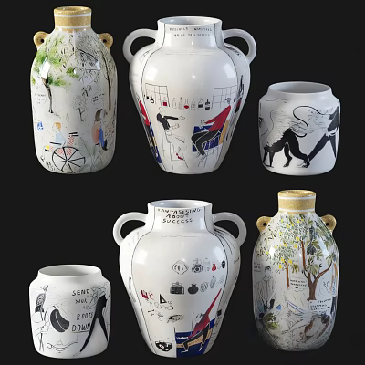 Artistic Ceramic Vessels with Hand Painted Designs and Diverse Themes for Home Decoration 3d model