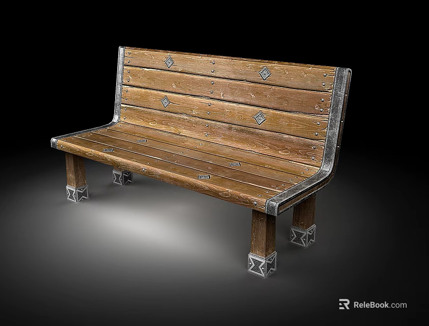 Sturdy Wooden Outdoor Bench With Metal Accents And Decorative Rivets 3d model 