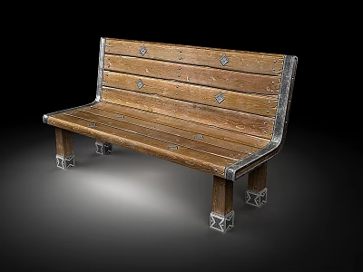 Sturdy Wooden Outdoor Bench With Metal Accents And Decorative Rivets 3d model