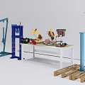 Industrial Equipment Setup Featuring Blue Hydraulic Jack Yellow Robotic Arm Workbench Tools And Column