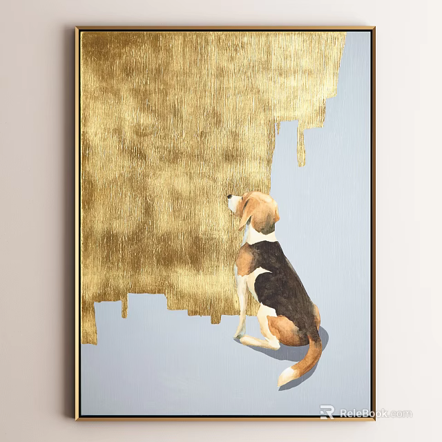 Beagle Dog Sitting in Light Blue Background Animal Painting with Golden Area 3d model 