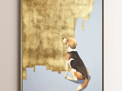 Beagle Dog Sitting in Light Blue Background Animal Painting with Golden Area 3d model