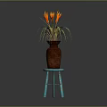 Decorative Brown Vase With Orange Red Flowers On Blue Small Stool