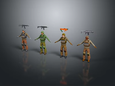 Four Game Movie Characters in Various Military Outfits Carrying Combat Gear 3d model