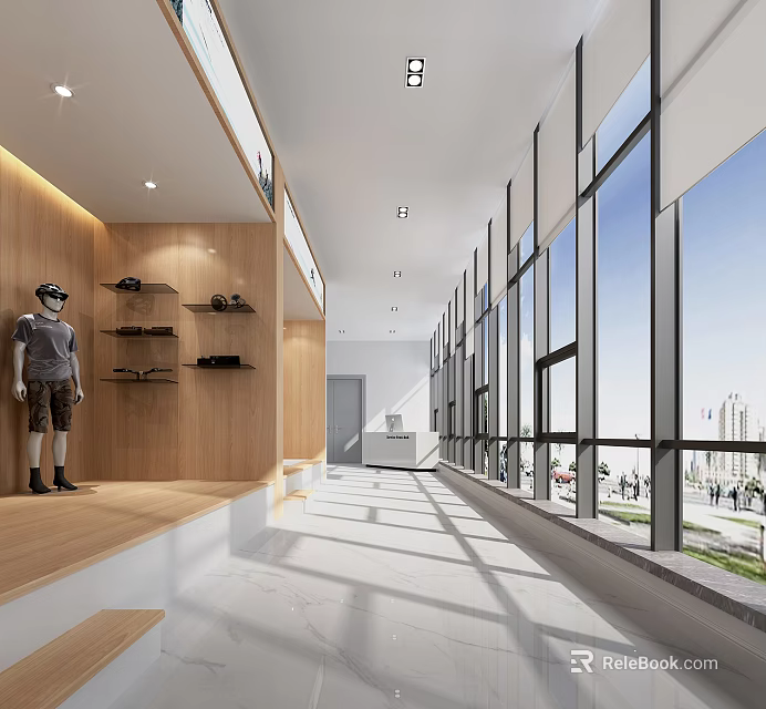Office Corridor Interior Featuring Wooden Walls Display Shelves Large Windows Natural Light And City View 3d model 