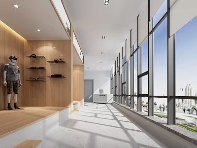 Office Corridor Interior Featuring Wooden Walls Display Shelves Large Windows Natural Light And City View 3d model