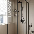 Modern Bathroom Interior with Black Frame Shower Enclosure Vanity Mirror Shelves Towels Light Colored Tiles